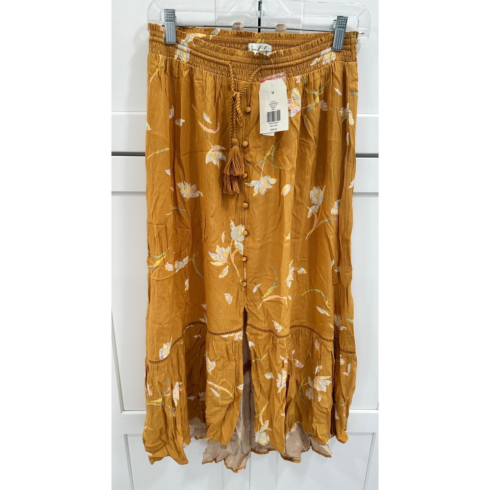 Wonderly Floral Maxi Skirt Smocked Waist Tassel Boho Festival Mustard M